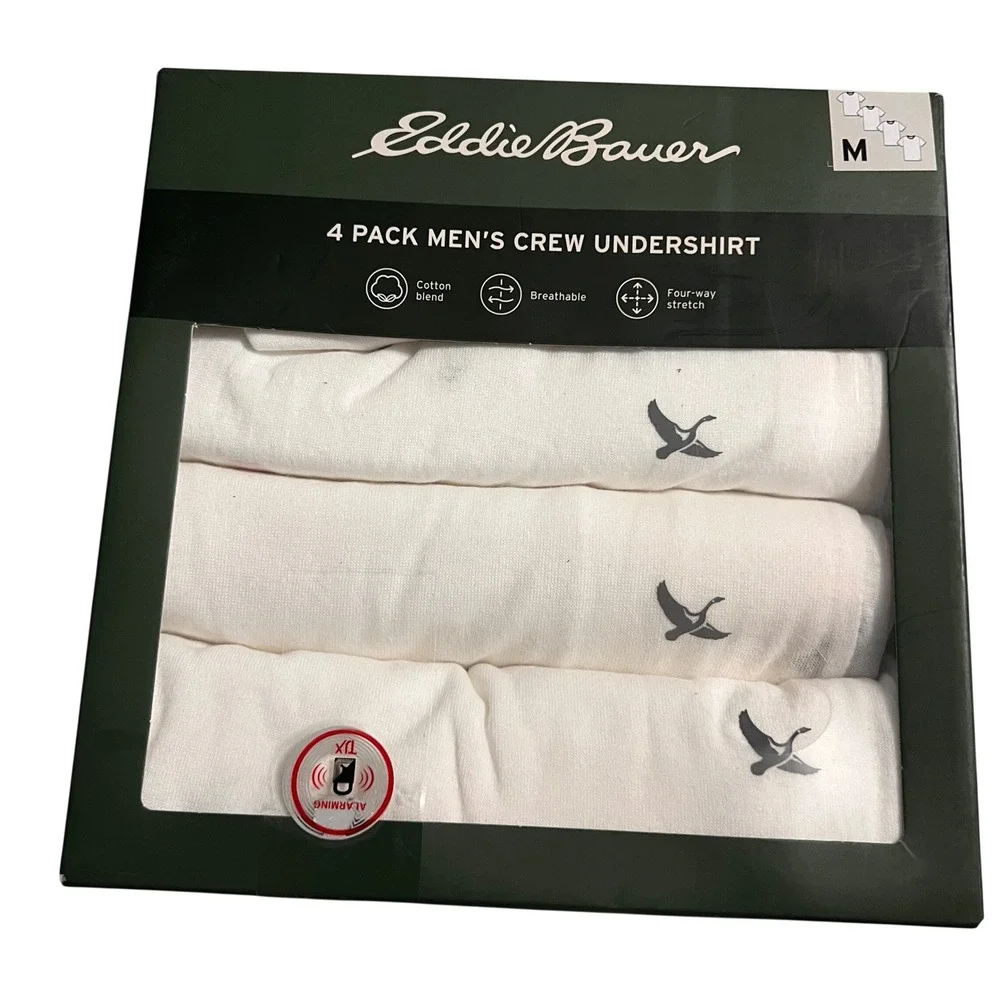 NEW Eddie Bauer Mens 4 Pack Crew Undershirt White Cotton Blend Stretch Medium